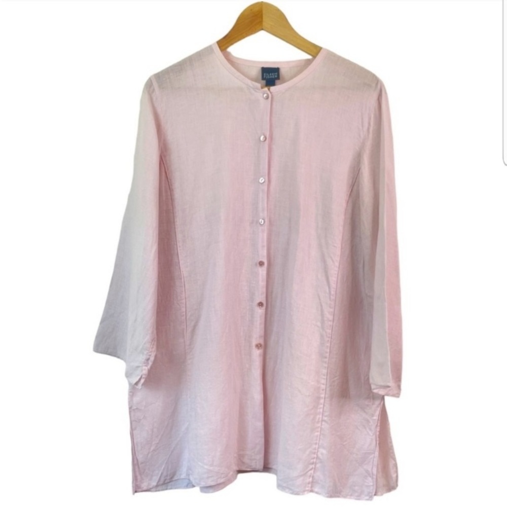 Eileen Fisher Pale Pink Irish Linen Button Front Longline Minimalist Tunic Top